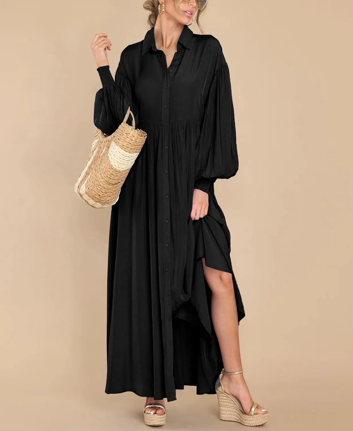 Women's Long Sleeve Button Down Shirt Dress Casual Pleated Swing Flowy Maxi Tunic Dress Cover Ups