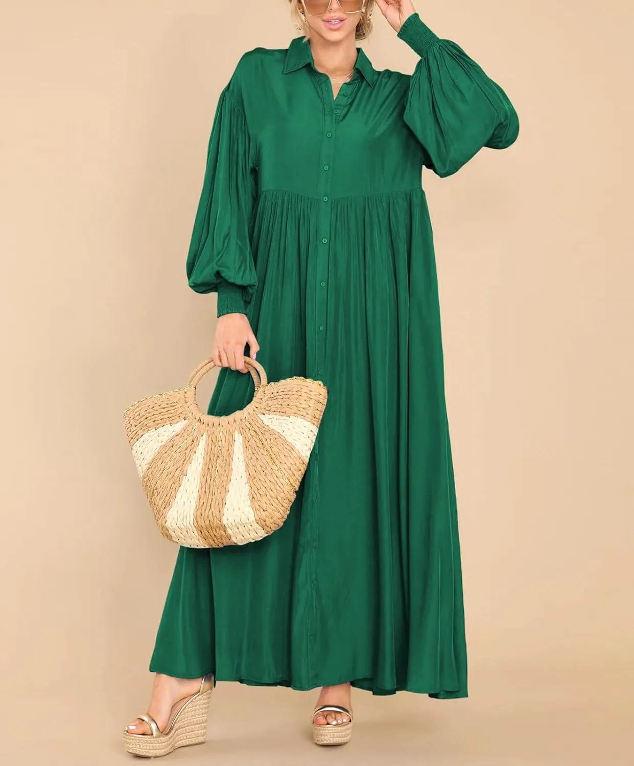 Women's Long Sleeve Button Down Shirt Dress Casual Pleated Swing Flowy Maxi Tunic Dress Cover Ups