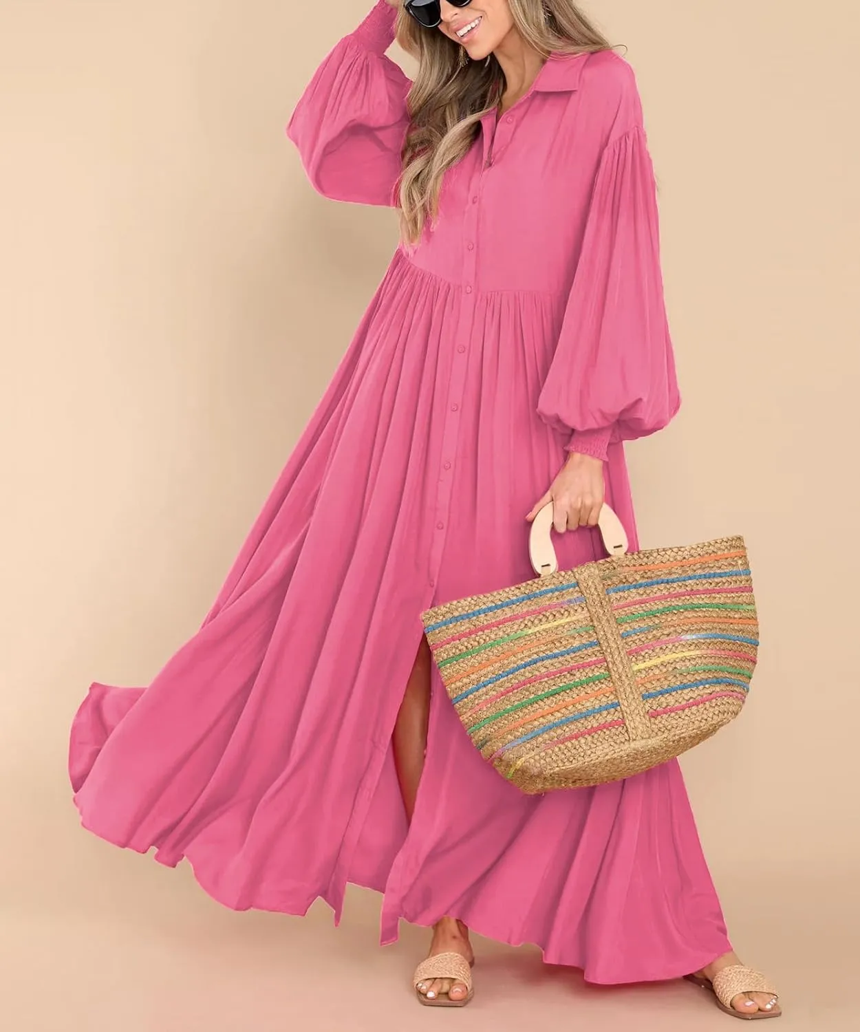 Women's Long Sleeve Button Down Shirt Dress Casual Pleated Swing Flowy Maxi Tunic Dress Cover Ups