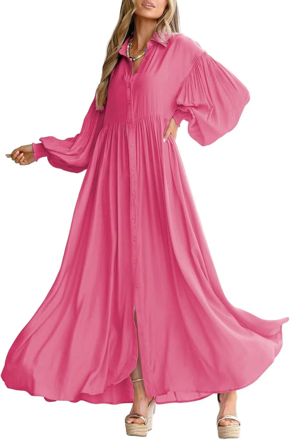 Women's Long Sleeve Button Down Shirt Dress Casual Pleated Swing Flowy Maxi Tunic Dress Cover Ups