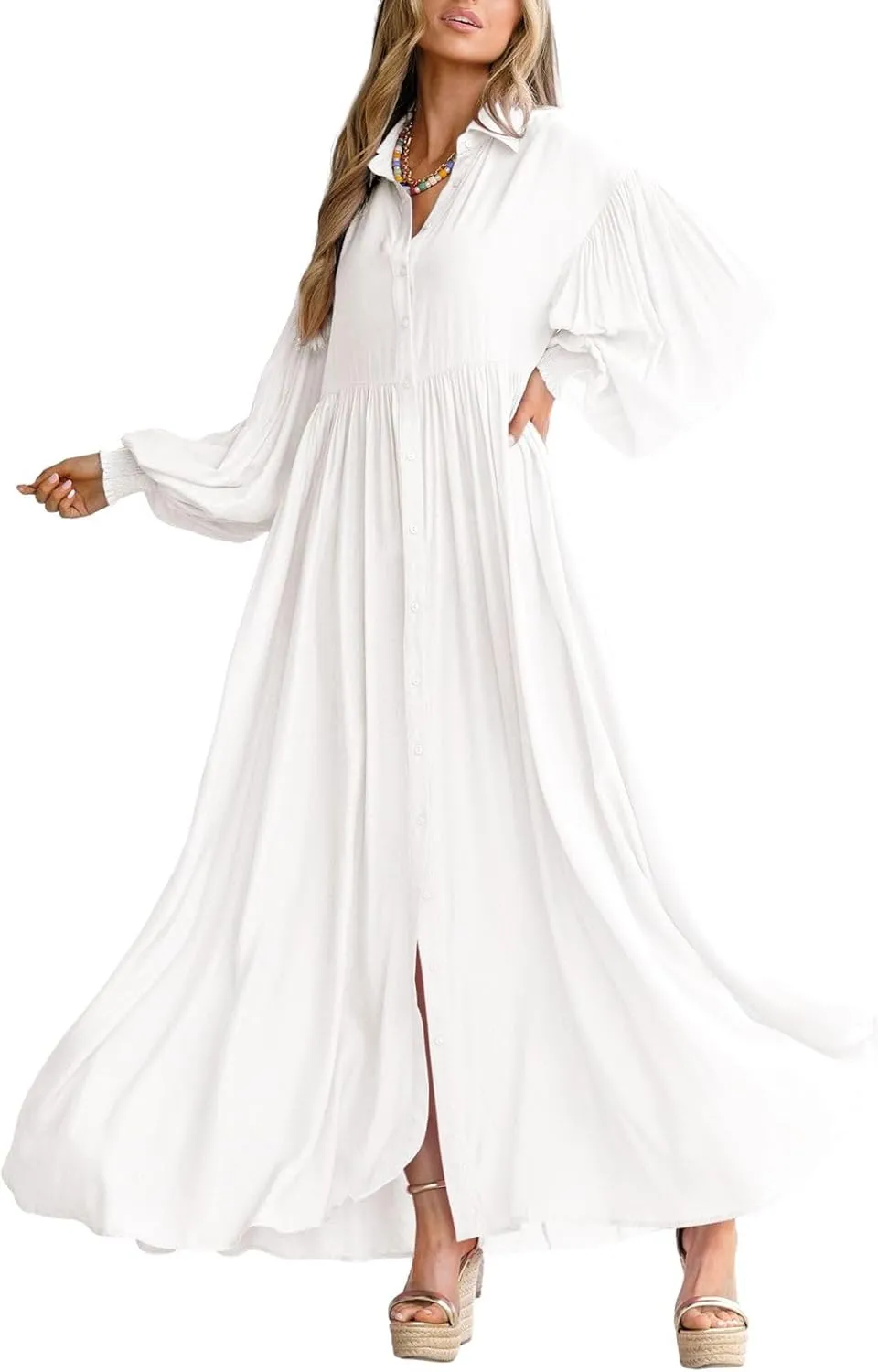 Women's Long Sleeve Button Down Shirt Dress Casual Pleated Swing Flowy Maxi Tunic Dress Cover Ups