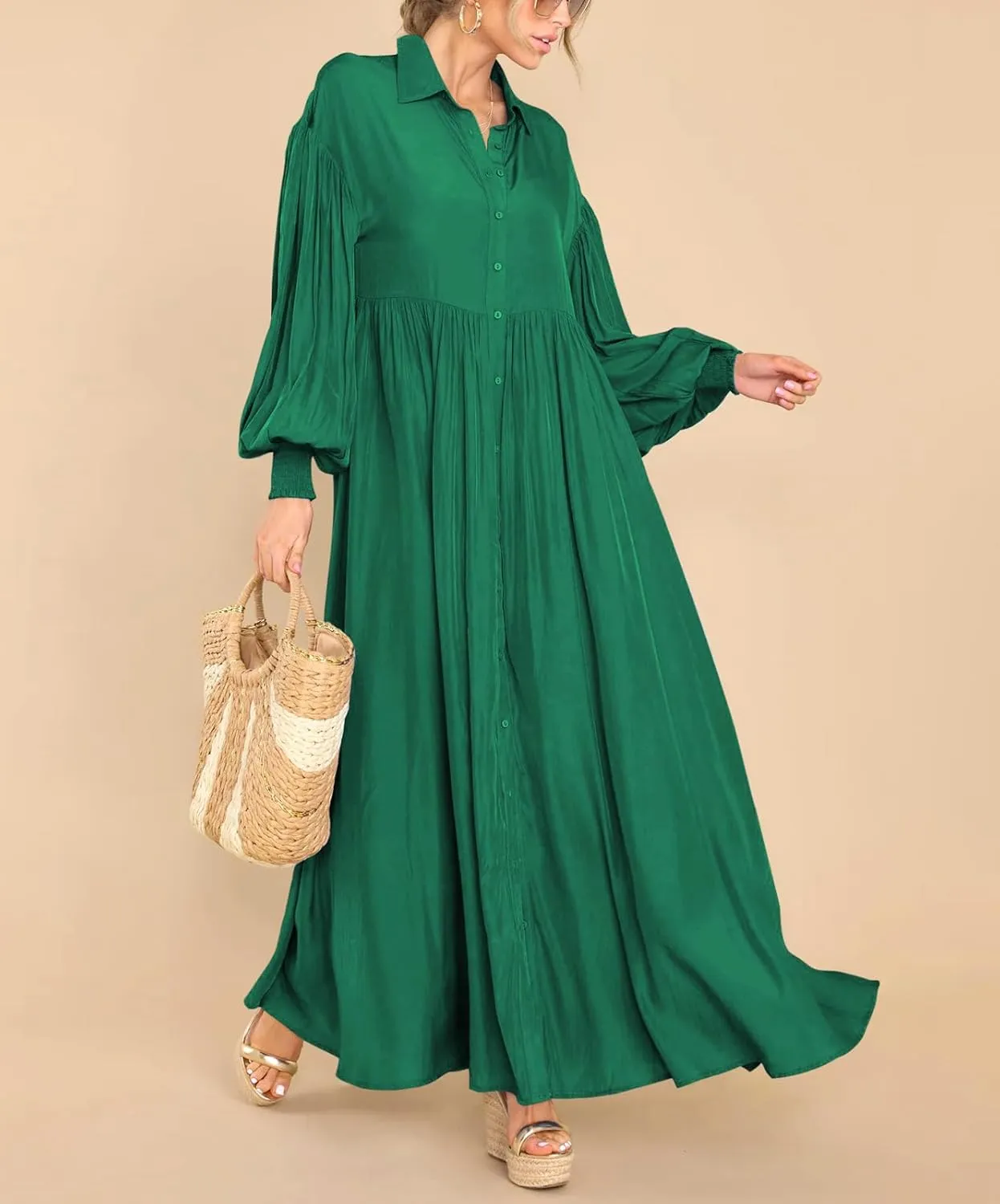 Women's Long Sleeve Button Down Shirt Dress Casual Pleated Swing Flowy Maxi Tunic Dress Cover Ups