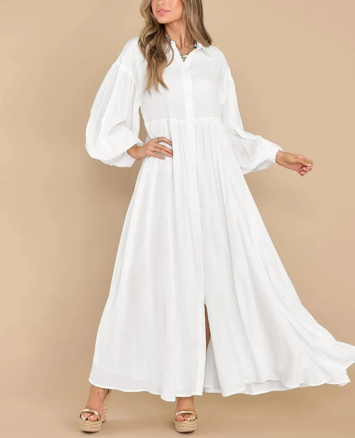 Women's Long Sleeve Button Down Shirt Dress Casual Pleated Swing Flowy Maxi Tunic Dress Cover Ups