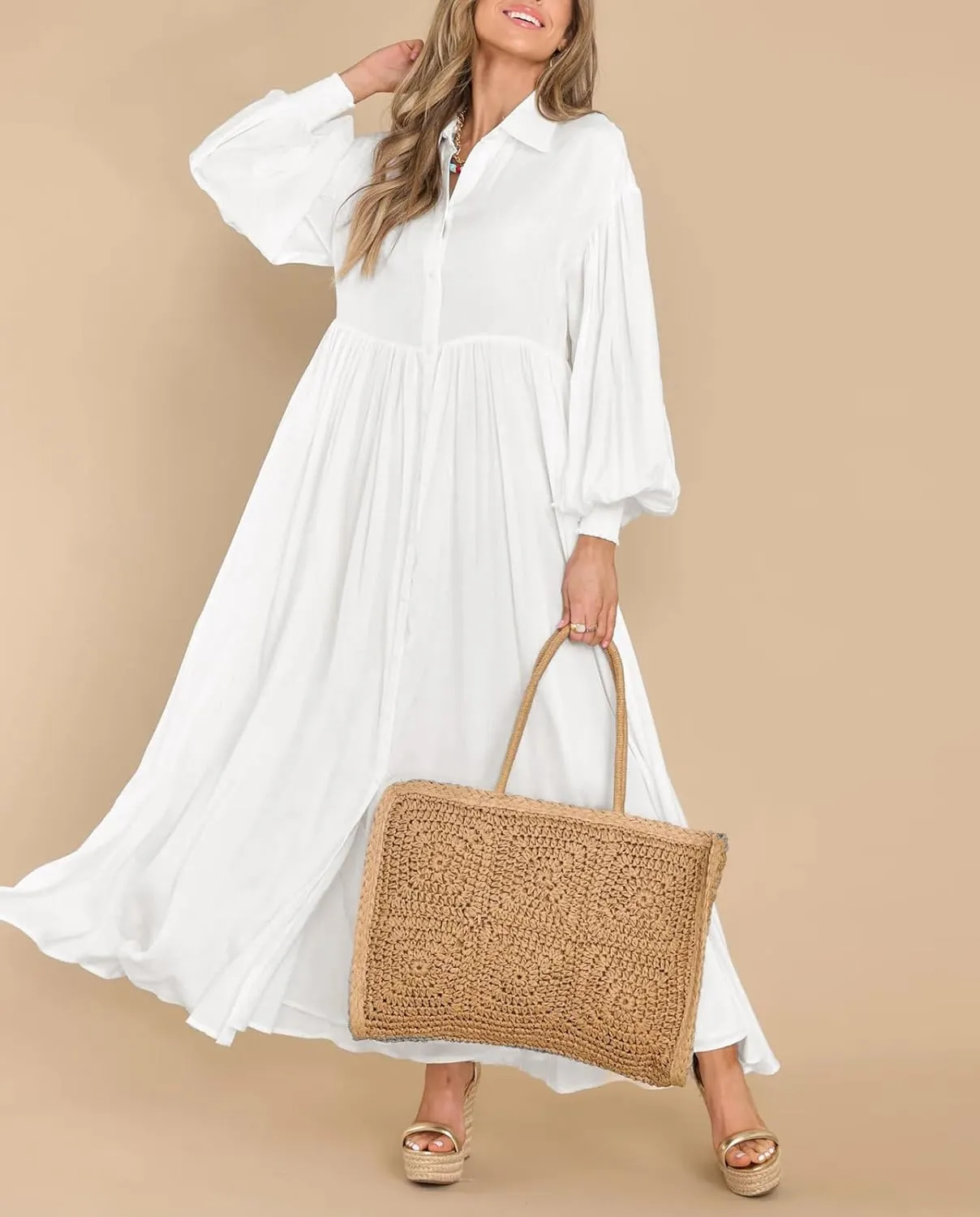 Women's Long Sleeve Button Down Shirt Dress Casual Pleated Swing Flowy Maxi Tunic Dress Cover Ups