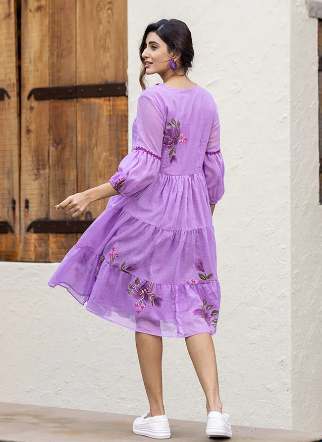 Women's Purple Digital Print Kota Kurti with Full Round Flair