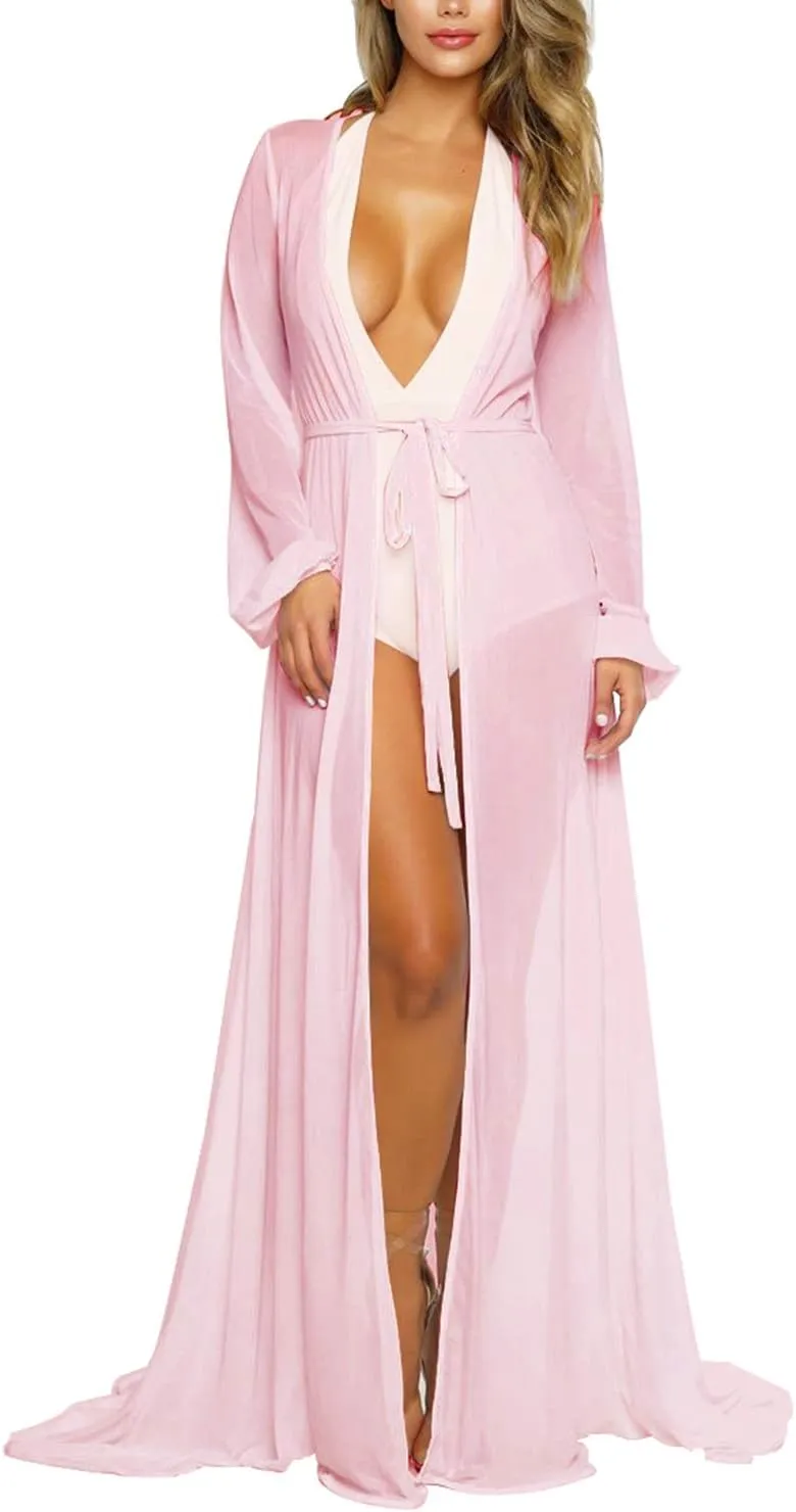 Women's Sexy Thin Mesh Long Sleeve Tie Front Swimsuit Swim Beach Maxi Cover Up Dress