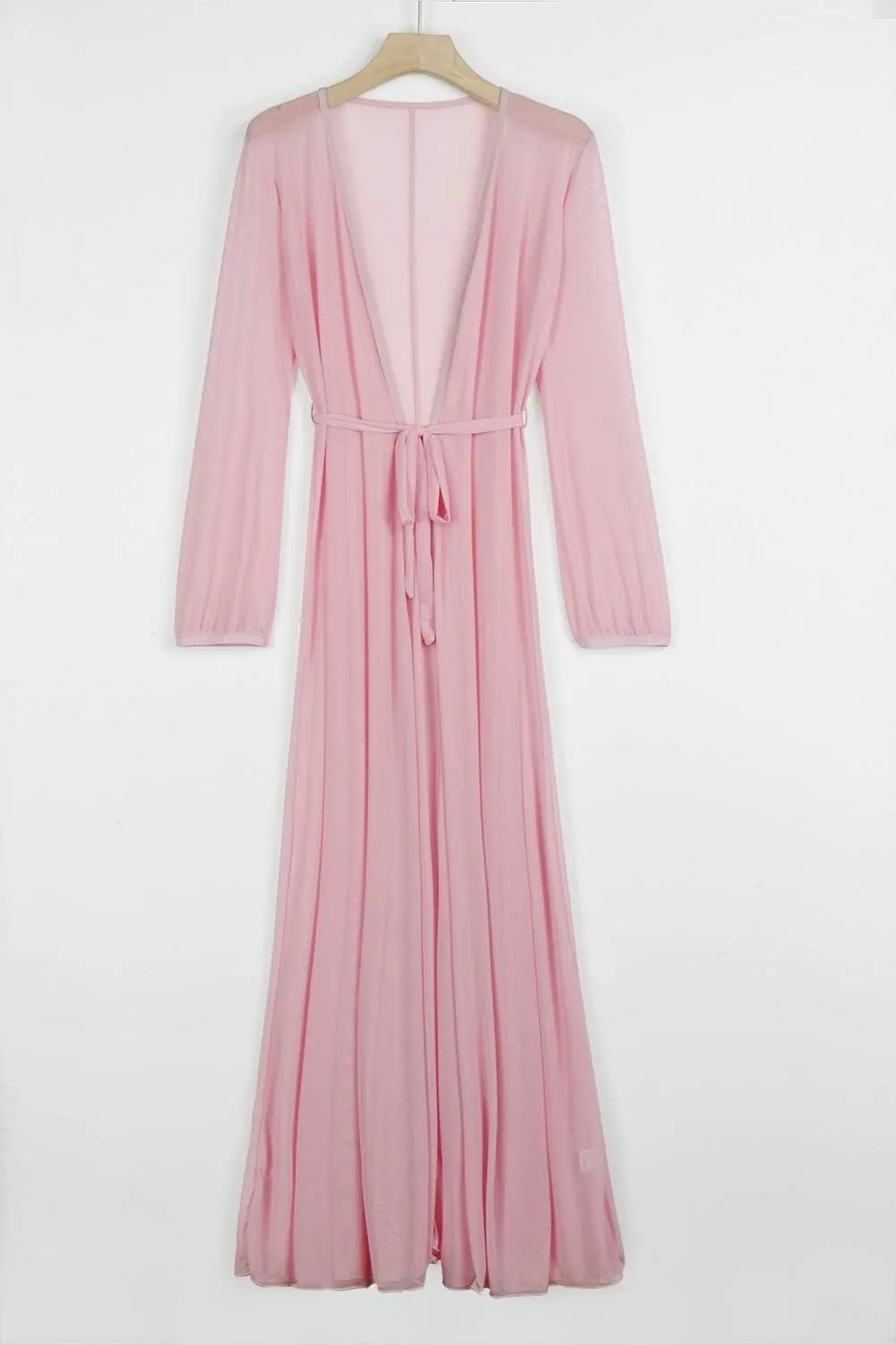 Women's Sexy Thin Mesh Long Sleeve Tie Front Swimsuit Swim Beach Maxi Cover Up Dress