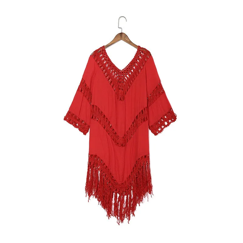 Womens Sexy V-Neck Tassel Hollow Backless Blouse Beachwear