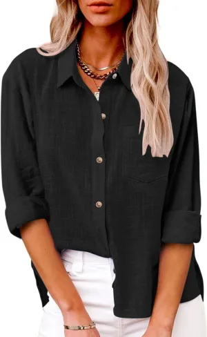 Zontroldy Button Down Long Sleeve Shirts for Women Cotton Linen Casual Dress Work Shirt Tops Blouse